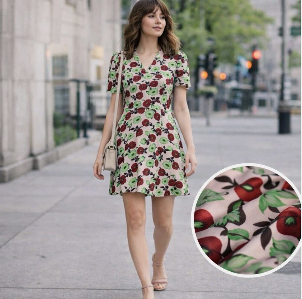 Sandro Paris Silk Floral Mini Dress S Green Pink 90s Retro Cottagecore Soft Girl